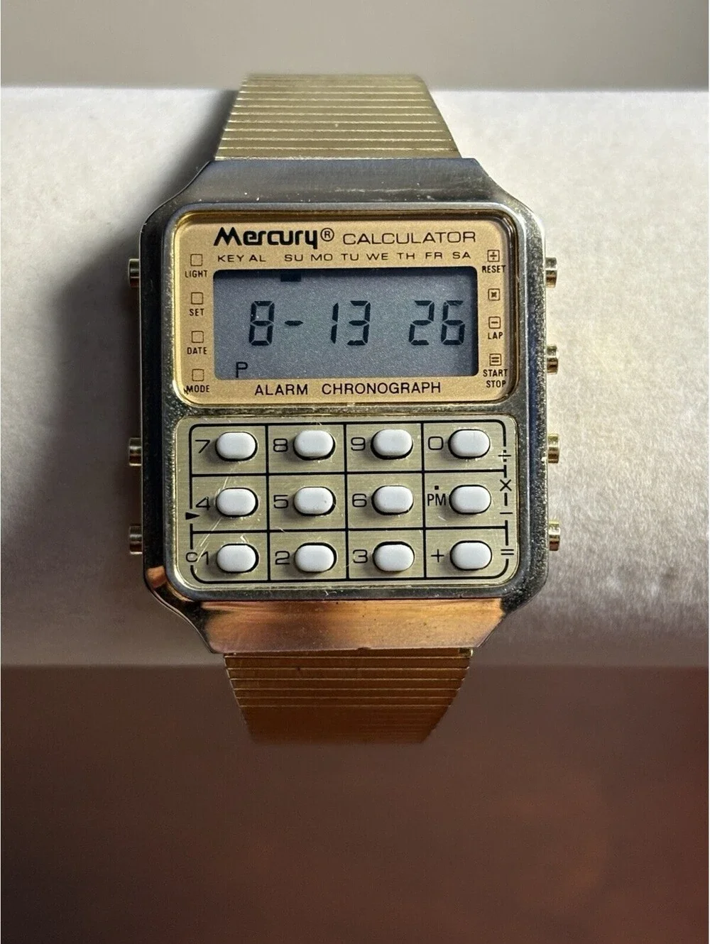 Vintage Mercury Calculator Watch Chronograph GoldTone 1980s Retro Rare Runs 32mm